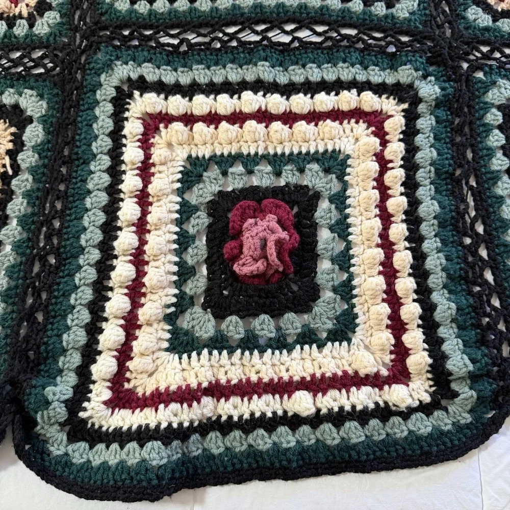 Hand Crocheted Granny Square Afghan Throw Blanket Floral 70